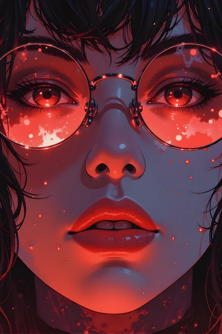 Striking and atmospheric illustration of a person with long, dark hair. The individual is wearing large, round glasses that reflect the light, creating a sense of depth and dimension. Their eyes are glowing red, which adds to the overall sense of intensity and mystery.
The person's expression is serious and intense, with their gaze directed towards the viewer. There are droplets of liquid on their face, which add to the dramatic and otherworldly atmosphere of the image. The lighting in the image is soft and diffused, highlighting the texture of the person's skin and the details of their hair.
The background is dark and out of focus, ensuring that the attention remains on the subject. The overall composition is balanced, with the person positioned slightly off-center, drawing the viewer's eye across the image.
Overall, this illustration captures a moment of quiet intensity and power, with the combination of the person's attire, the dramatic lighting, and the thoughtful pose creating a visually engaging and emotionally resonant scene. The use of color and composition adds depth and character to the artwork, making it a powerful and evocative piece.
BREAK j_art, anime, anime art, <lora:FLUX\jul\J_Anime:1.0>, <lora:FLUX\Anime Art V3:0.1>, <lora:FLUX\RM_Artistify_v1.0M:0.1>, <lora:FLUX\RetroAnimeS1.1:0.1>