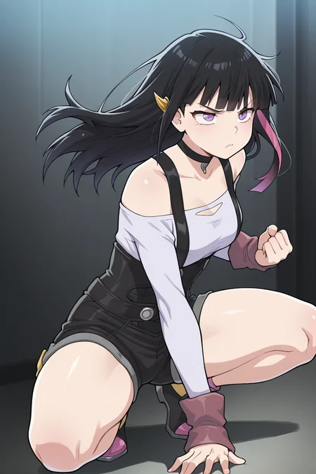 masterpiece, best quality, amazing quality,
<lora:Rouge_IL:1> rouge, 1girl, solo, multicolored hair, black hair, long hair, shorts, purple eyes, squatting, bare shoulders, bangs, pink hair, streaked hair, standart outfit, dynamic pose, stance, grumpy,