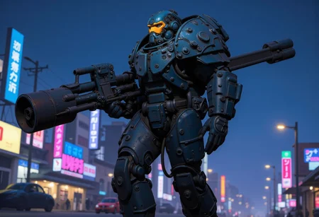 1man, A heavily armored warrior in futuristic black power armor stands confidently, wielding a massive gatling gun. The armor is bulky, with reinforced plating, large shoulder pads, and complex mechanical joints. The helmet has a slit like visor and built from multiple triangular metallic elements, giving the character a rugged, battle-hardened look. The gatling gun features a drum magazine, with visible wiring and mechanical components, emphasizing its powerful nature. The character exudes strength and resilience, with an imposing and intimidating stance, full shot, full body visible, ultra realistic, masterpiece, he walks in a deserted road, distant cyberpunk metropolis, night time, neon light lights the sky.