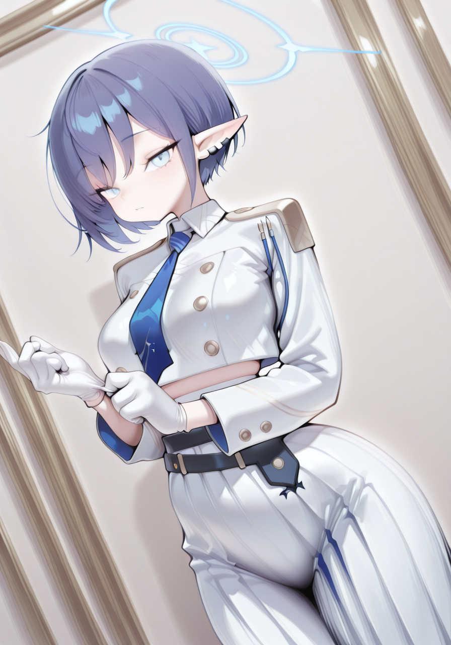1girl, solo, looking at viewer, aoi \(blue archive \),blue archive,adjusting gloves,earclip,blue halo,blue necktie,collared jacket,blue eyes,blue hair, BREAK character_concept, cowboy_shot, (dutch_angle:1.25), masterpiece, best quality, amazing quality, very aesthetic, absurdres, modern, recent, newest, <lora:Pearly_IL_Style-000001:1> P34r1y, soft light, dreamy, pale