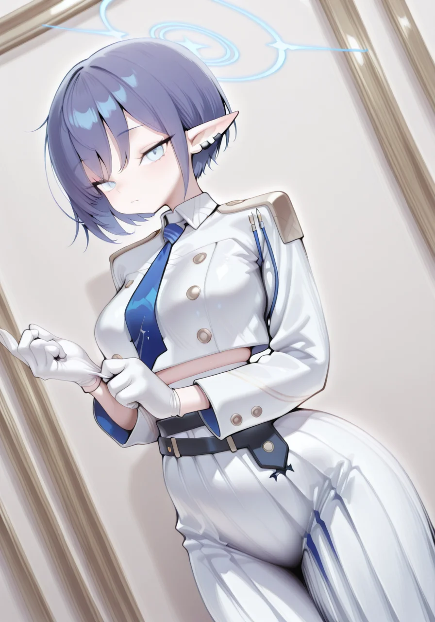 1girl, solo, looking at viewer, aoi \(blue archive \),blue archive,adjusting gloves,earclip,blue halo,blue necktie,collared jacket,blue eyes,blue hair, BREAK character_concept, cowboy_shot, (dutch_angle:1.25), masterpiece, best quality, amazing quality, very aesthetic, absurdres, modern, recent, newest, <lora:Pearly_IL_Style-000001:1> P34r1y, soft light, dreamy, pale
