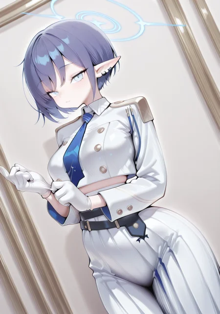 1girl, solo, looking at viewer, aoi \(blue archive \),blue archive,adjusting gloves,earclip,blue halo,blue necktie,collared jacket,blue eyes,blue hair, BREAK character_concept, cowboy_shot, (dutch_angle:1.25), masterpiece, best quality, amazing quality, very aesthetic, absurdres, modern, recent, newest, <lora:Pearly_IL_Style-000001:1> P34r1y, soft light, dreamy, pale