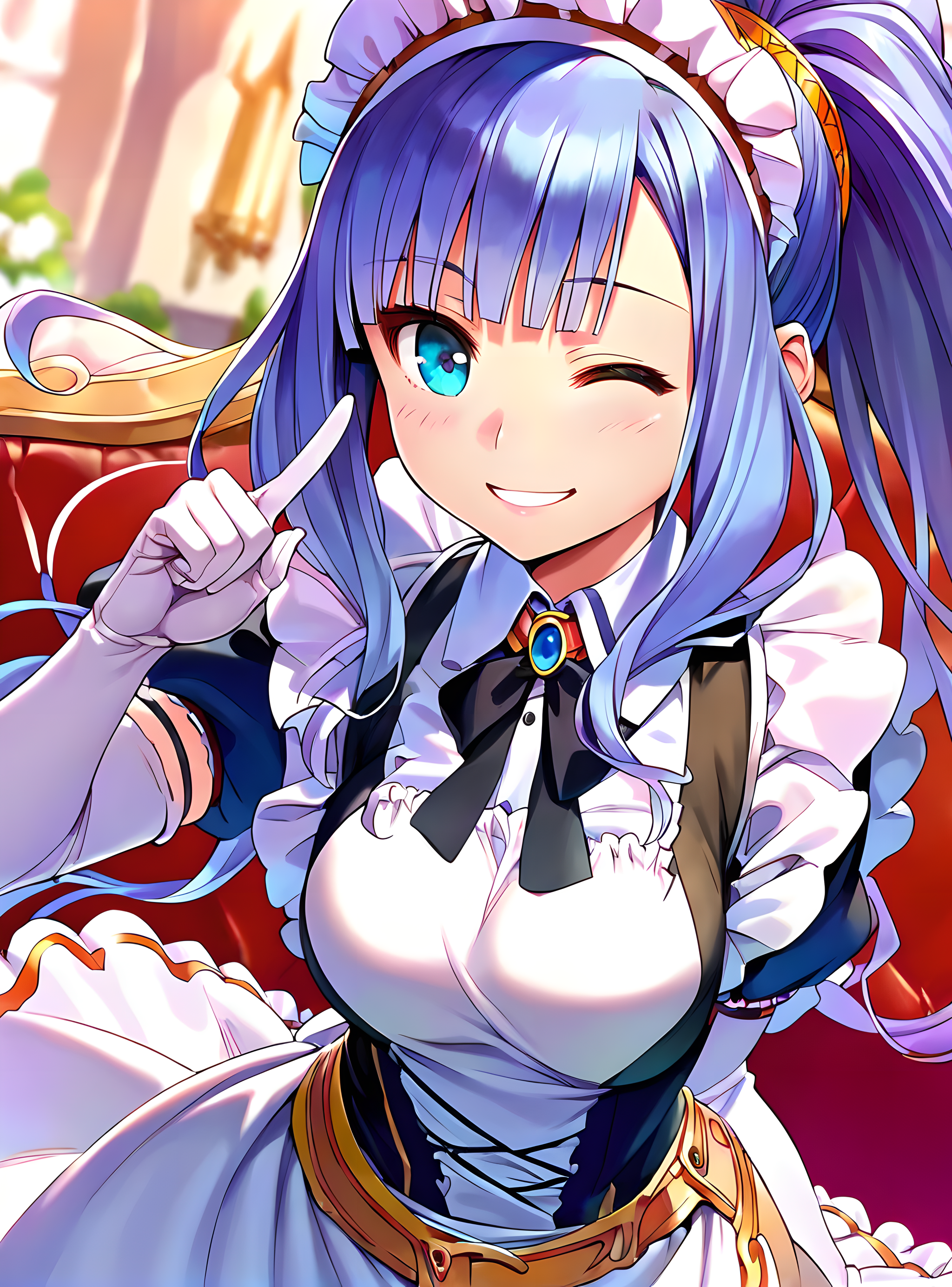 <lora:pony_xl_Priscilla:0.8>,Priscilla,score_9,score_8_up,score_7_up,source_anime,1girl,fun,one-eyed wink,smile,;d,parted_lips,indoor,castle,maid headdress,maid,gloves,apron,white gloves,elbow gloves,touch your mouth with your index finger,