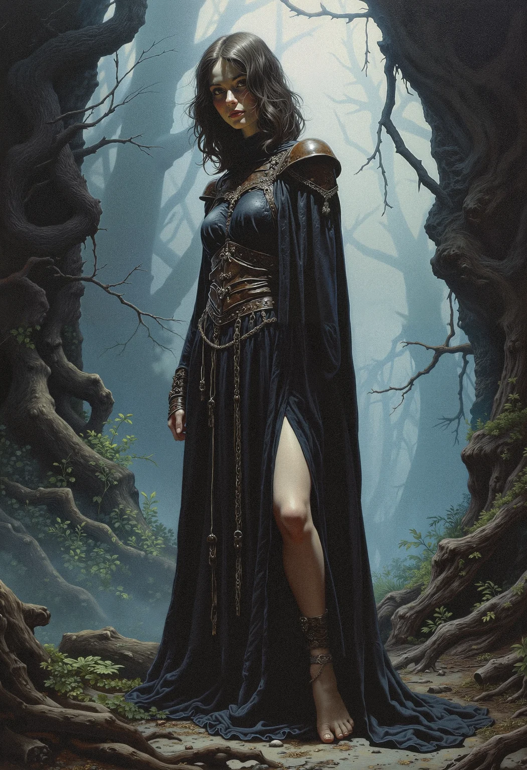An atmospheric and powerful dark fantasy, impressionist classical-style painting of a woman in an intricate robe,with leather and a high side slit. Showing legs. She is standing barefeet in a dark foggy forrest.