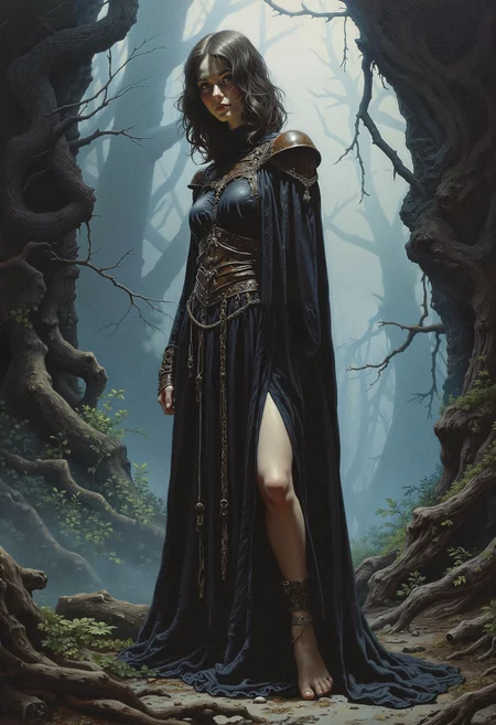 An atmospheric and powerful dark fantasy, impressionist classical-style painting of a woman in an intricate robe,with leather and a high side slit. Showing legs. She is standing barefeet in a dark foggy forrest.