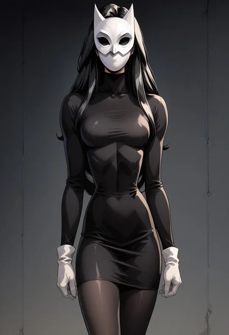 (fr0nt1nn0c3ntStyl3), (Style: Front Innocent), score, score_9, score_8_up, score_7_up, score_6_up, _5_up, score_4_up, source_anime, (masterpiece), high quality, 4k, Artist style: Bruce Timm, DCAU, DC comics, Western Comics, masked_woman, m4skedw0m4n, BREAK, 1woman, Calendar_Girl, (Page Monroe), long hair, black hair, skintight clothing, long-sleeved dress, black dress, black tights, petite, (white mask), (mask:1.6), (monochromatic outfit), gloves, (black eyes:1.5), (no eyes:1.4)
