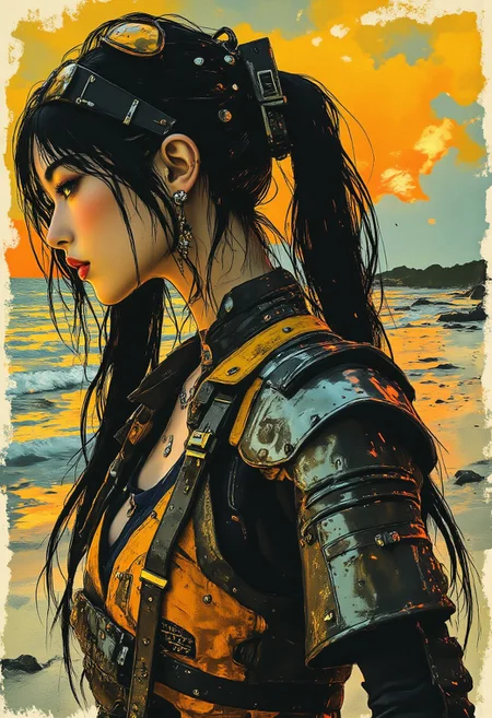 midjourney_whisper_avant_couture, inksketch portrait of stunning oriental warrior princess wearing plated armour, leather headband, abstract background suggesting a beach at sunset, long hair, sidelocks, bangs, hair ribbon, earrings, necklace, choker, embroidered dress, direct gaze, light hitting one side of face, gradient colour background, Japanese kanji