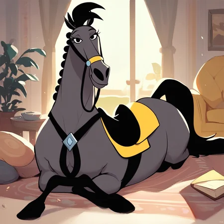 score_9, score_8_up, score_8, score_7, source_cartoon, Pearl(101), Solo, 1girl, feral, horse, grey fur, black hair, black horse tail, black eyes, reins, yellow and black saddle, full body, looking at viewer, smile, lying on stomach, living room setting,