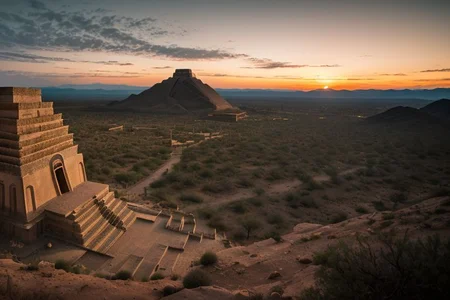 (tall ancient stone towers; 1.39) (ziggurat temple complex emerging from landscape: 1.39) raw photo, a sunset landscape, Arizona desert, Saguaro Cactus, Tall Mesa,  cozy, photorealistic, high detailed texture, 8k uhd, dslr, soft lighting, high quality, film grain, Fujifilm XT3, Sony A7 IV, highly detailed photography, (muted colors, cinematic, dim colors, soothing tones:1.2), vibrant, insanely detailed, hyperdetailed, (dark shot:1.2), (vsco:0.3), (intricate details:0.9), (hdr, hyperdetailed:1.2) (highest coherency: 1.39) (highest quality: 1.39) (rule of Thirds) (award winning) (breathtaking) (masterclass) (vibrant color: 0.79) (distant hillside) (cinematic lighting, David Park, lights,)