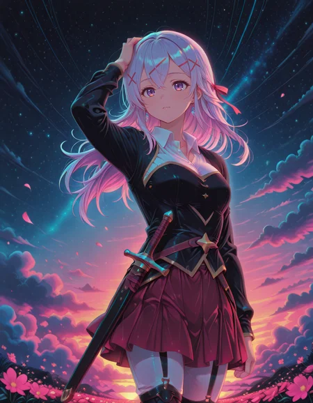 Smooth Quality <lora:yulishia_IL:1> yulishia, x hair ornament, long hair, hair ribbon, red ribbon, purple eyes, pink eyes, dark-skinned female, hair between eyes, purple hair, grey hair, white shirt, collared shirt, long sleeves, black jacket, wing collar, sheath, weapon, sheathed, red skirt, pleated skirt, white pants, pants under skirt, garter straps, black thighhighs, high heels, brown footwear, 1girl, arm_up, cloud, cloudy_sky, ear_covers, from_side, hand_on_own_head, looking_to_the_side, open_mouth, sky, smile, solo, standing, star_\(sky\), starry_sky, twilight, wind, flower_field, lying_among_blossoms, petals_in_hair, gentle_breeze, vibrant_colors, nature's_beauty, dreamy_expression, (sorimachi-doufu:1.1),, <lora:PinkieNeonAnimeIL:1> pinkneonanime, <lora:lightingSlider:-1> blue hour, addmicrodetails <lora:AddMicroDetails_Illustrious:0.6> <lora:SkindentationIL3.4_alpha16.0_rank32_full_400steps:3>