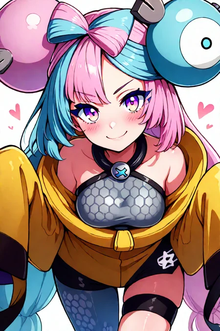 masterpiece, best quality, 32k, high resolution, absurdres, medium breasts, (curvy), cute, eyelashes, vivid colors, BREAK, ,,, , ,,, zzIono, solo, 1girl, long hair, pink eyes, blue hair, pink hair, light blue hair, multicolored hair, bow-shaped hair, yellow jacket, sleeves past fingers, single leg pantyhose, thigh strap, <lora:IonoPokemonIXL_e08:1.0>, ,,,, ,,, smile, looking at viewer, ,,, smile, looking at viewer, leaning forward, head tilt, blush, <lora:CatalystIXL:0.7>, <lora:ZankuroStyleIllustrious_v2:0.6>,