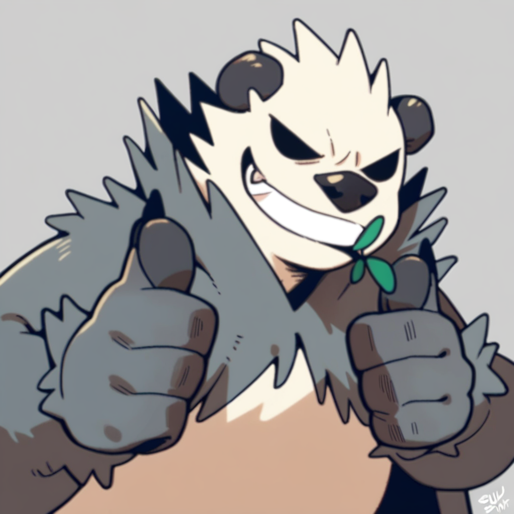 Score_7_up, score_8_up, score_9, pangoro, black and white fur, fur cape, plant in mouth, fang, empty eyes, grin, thumbs up, simple background, upper body,