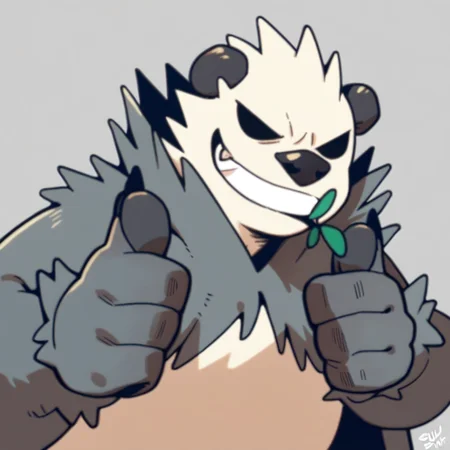 Score_7_up, score_8_up, score_9, pangoro, black and white fur, fur cape, plant in mouth, fang, empty eyes, grin, thumbs up, simple background, upper body,