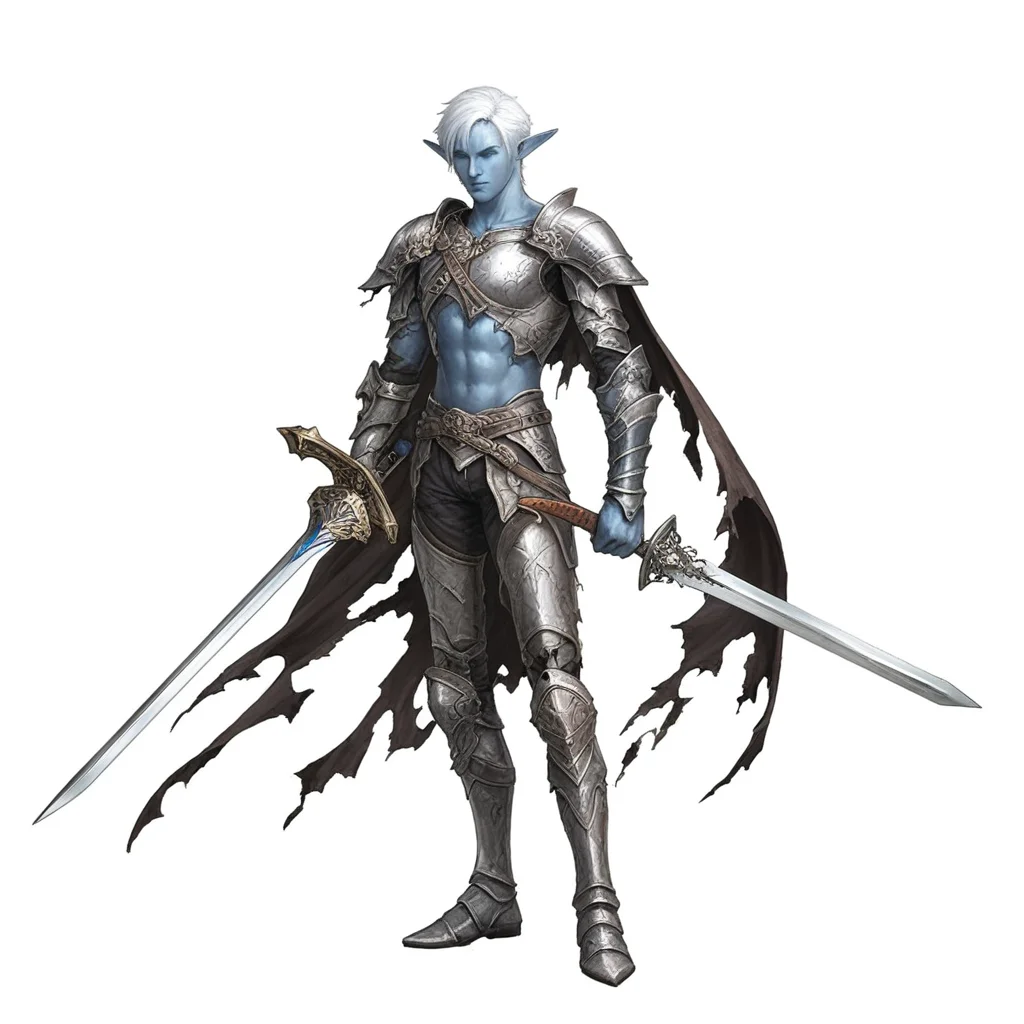 1boy, weapon, male focus, solo, sword, pointy ears, armor, holding, holding wapon,, shoulder armor, colord, skin, fantasy, high quality bachground, white hair, poudrons, cape, torn clothes, blue skin, greatsword, dark elf, full body