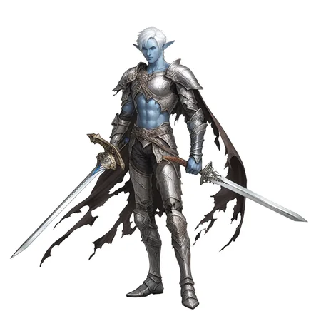 1boy, weapon, male focus, solo, sword, pointy ears, armor, holding, holding wapon,, shoulder armor, colord, skin, fantasy, high quality bachground, white hair, poudrons, cape, torn clothes, blue skin, greatsword, dark elf, full body