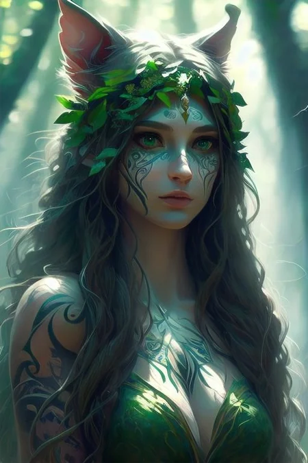 RAW photo, (masterpiece:1.3), subsurface scattering, heavy shadow, (high quality:1.4), (intricate, high detail:1.2), professional photography, HDR, High Dynamic Range, realistic, ultra realistic, photorealistic, high resolution, film photography, ambient lighting, atmospheric effects, <lora:detail_slider_v4:2>, OverallDetail, a beautiful female druid, detailed face, tribal tattoos, leaves, FanDru, <lora:FantasyDruid-10:1>, <lora:zoom_slider_v1:1>, in a radiant enchanted forest, style-sylvamagic, <lora:FeyAndFairies:0.5>, FeyFa, epiCPhoto