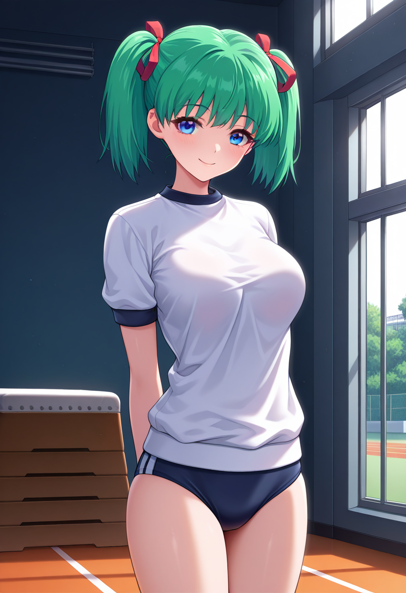 masterpiece, best quality, amazing quality, 1girl, solo, cowboy shot, kaoruww, blue eyes, green hair, short hair, twintails, red hair ribbon, medium breasts, gym uniform, short sleeves, dark blue buruma, looking at viewer, smile, indoors, day, arms behind back, skindentation, detailed clothing folds, depth of field, sharp, high contrast, dynamic light <lora:Sakaki_Kaoru_Yoridori_ill:0.8>