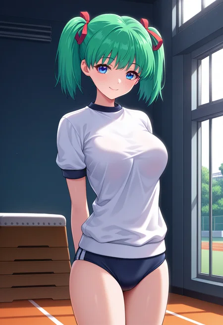 masterpiece, best quality, amazing quality, 1girl, solo, cowboy shot, kaoruww, blue eyes, green hair, short hair, twintails, red hair ribbon, medium breasts, gym uniform, short sleeves, dark blue buruma, looking at viewer, smile, indoors, day, arms behind back, skindentation, detailed clothing folds, depth of field, sharp, high contrast, dynamic light <lora:Sakaki_Kaoru_Yoridori_ill:0.8>