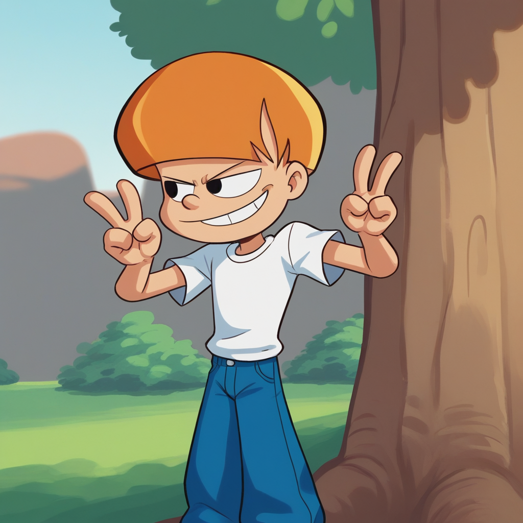 score_8_up, BREAK, Tom, 1boy, solo, orange hair, short hair, black eyes, white shirt, pants, cowboy shot,  <lora:Tom_SweetLittleMonsters_PXL_Leaf1:1>, outdoors, smirk,  double v,