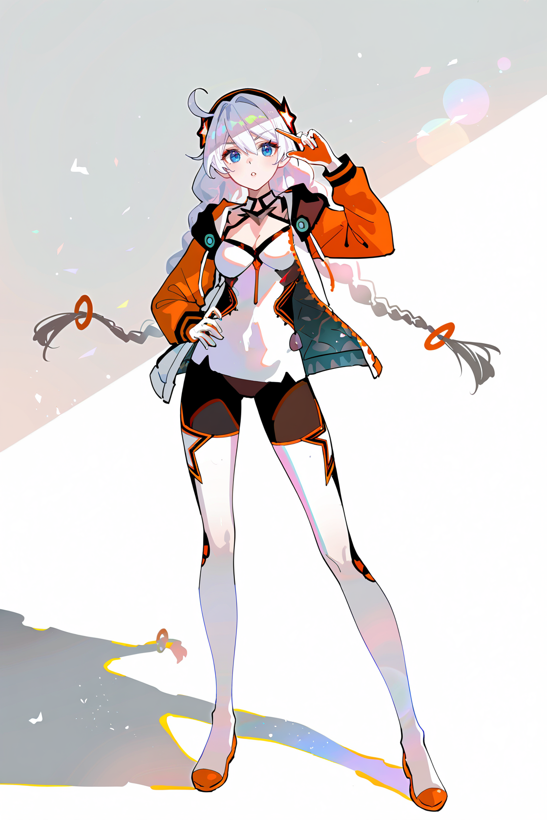8k, best quality, masterpiece, (ultra-detailed), (high detailed skin), 
((artist:reoen),(artist:fuzichoco),(artist:atdan),(artist:torino_aqua),year 2024:0.8)1girl, [artist:wlop], [artist:ningen_mame], artist:ciloranko, [[artist:rhasta]], artist:tidsean, colorful, detailed light, light leaks, sunlight, bokeh, blurry foreground, ray tracing, lens flare, cinematic lighting, 
full body, full shot, standing, looking at viewer, (solo:1.2), simple background, (white background:1.2), hand on own hip, (white background:1.1), 
<lora:kiana-young-noob-Tanger:0.7>, 
kiana kaslana, mitu,mitu clothes,  7th clothes, 1girl, jacket, braid, blue eyes, twin braids, long hair, white hair,