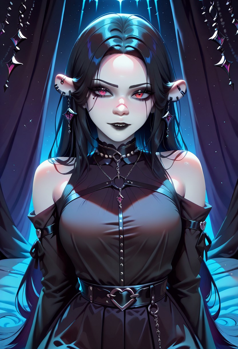 masterpiece, best quality, newest, absurdres, highres, 1girl, OgreEars1.1-female,  goth girl, pale skin, black hair,