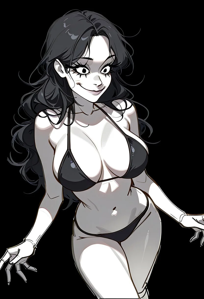 score_9, score_8_up, score_7_up, (sketch) (1girl), (solo), black hair, wavy hair, expressive eyes, long eyelashes, large breasts,
subtle smile,
standing,
wearing black bikini,
(black background),
(black and white image),
(detailed image), soft shadows, detailed sketch,