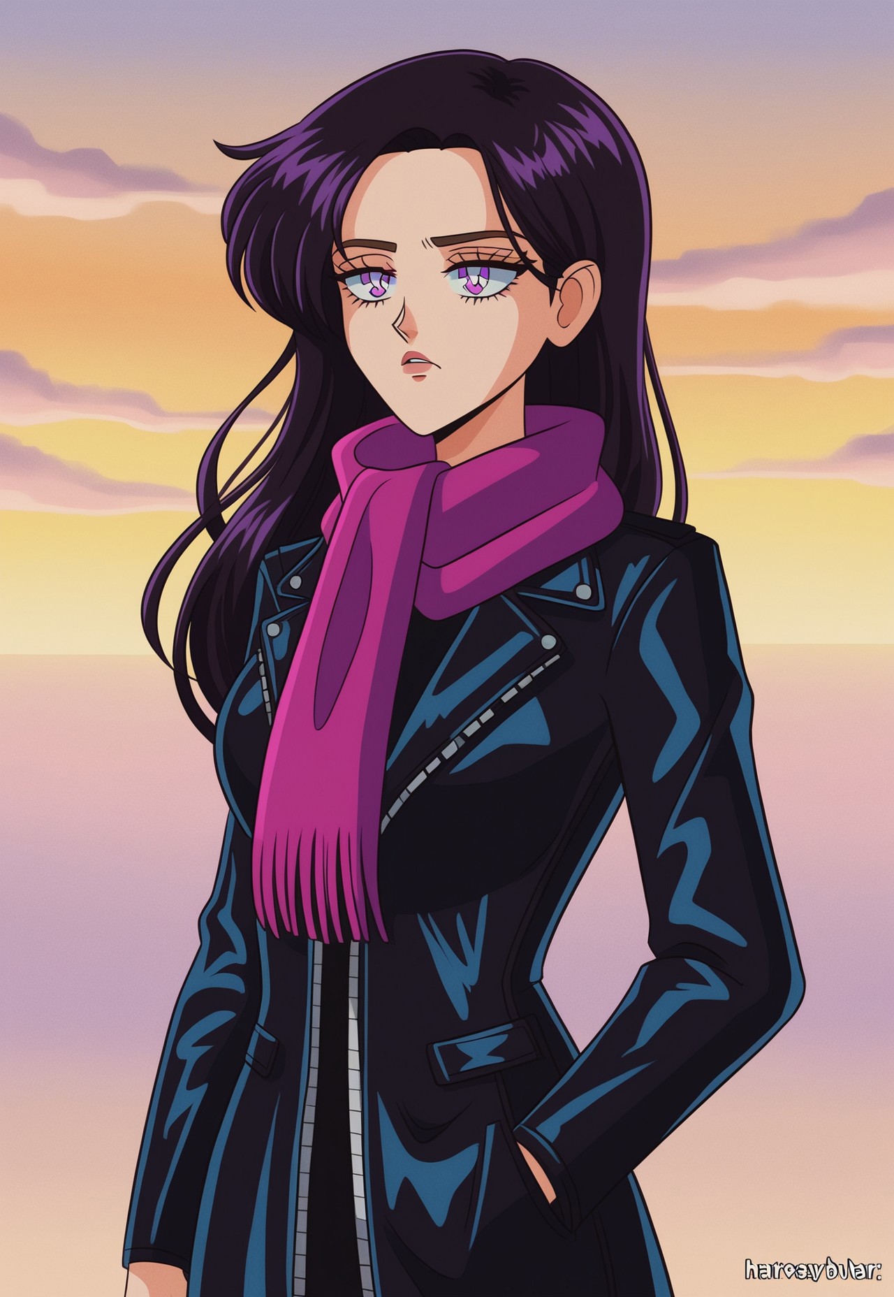 solo, 1girl, female, Long hair, black hair with purple shadows, exposed ears, apathetic and tired look, purple  long dress, open short black leather jacket, scarf, zPDXL3, , cowboy shot, h4n4vb4r4