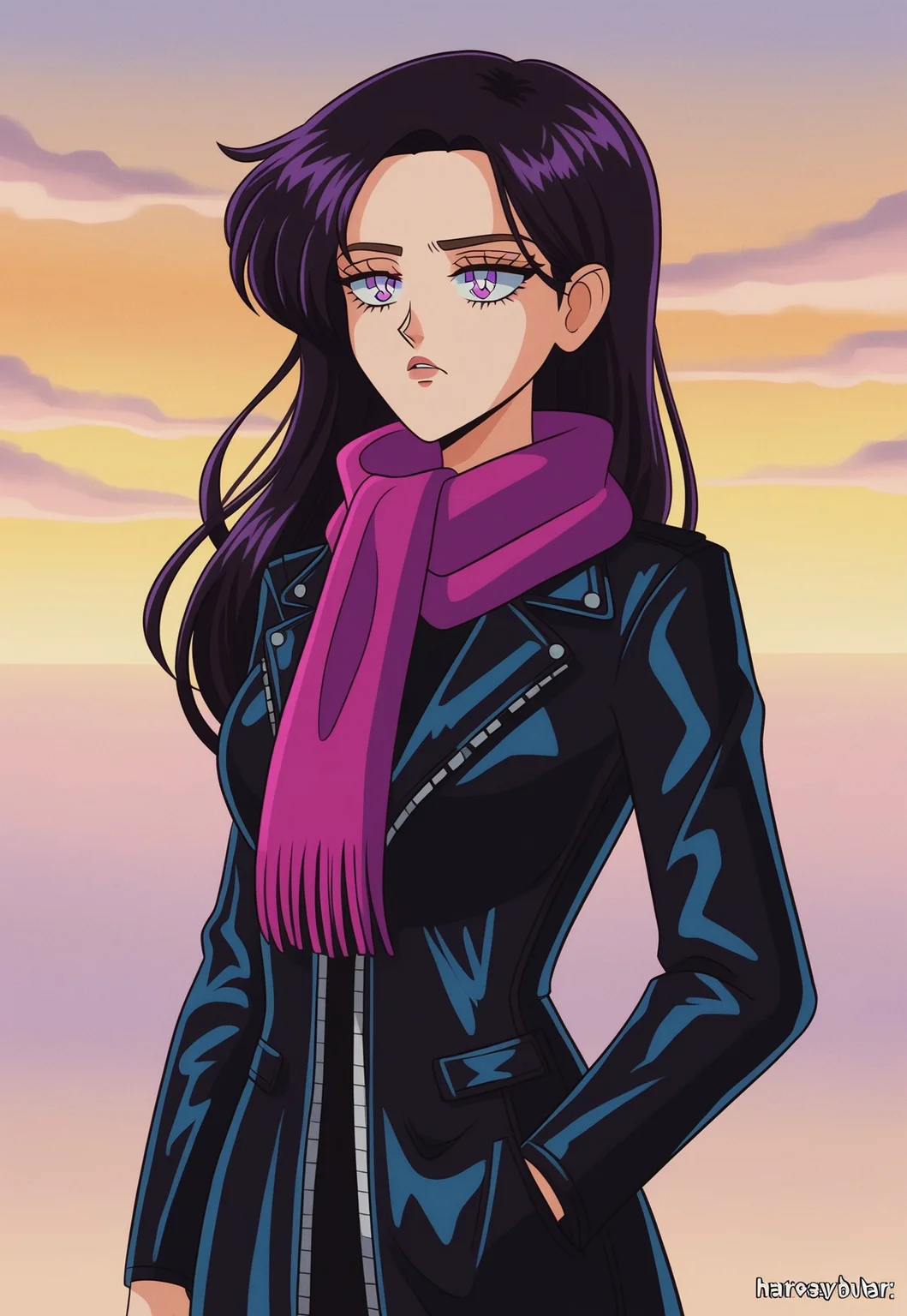 solo, 1girl, female, Long hair, black hair with purple shadows, exposed ears, apathetic and tired look, purple  long dress, open short black leather jacket, scarf, zPDXL3, , cowboy shot, h4n4vb4r4