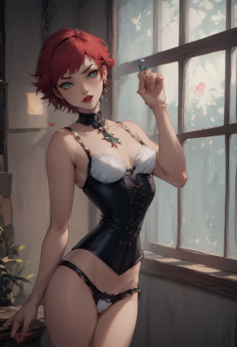 score_9, score_8_up, score_7_up, pinup girl pose, Expressiveh, a sexy girl in a tight underbust corset, black corset with green stitching, green eyes, tiny skimpy panties, tiny mini lace tutu, bright red lipstick, girly sexy skimpy outfit, white bra, girly decorations, meduim breasts, perfect face, long and slender body, long legs, semi realistic, floating neon hearts, window leaking morning light, diffused window, cinematic lighting, volumetric lighting, light red hair, short hair, pale skin, clothes decorated with card suits,