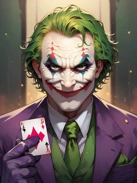 score_9, score_8_up, score_7_up, score_6_up, score_5_up, <lora:thejokerXLP:0.8> the joker, 1boy, solo, green hair, suit, smile, formal, necktie, gloves, green eyes, clown, card,