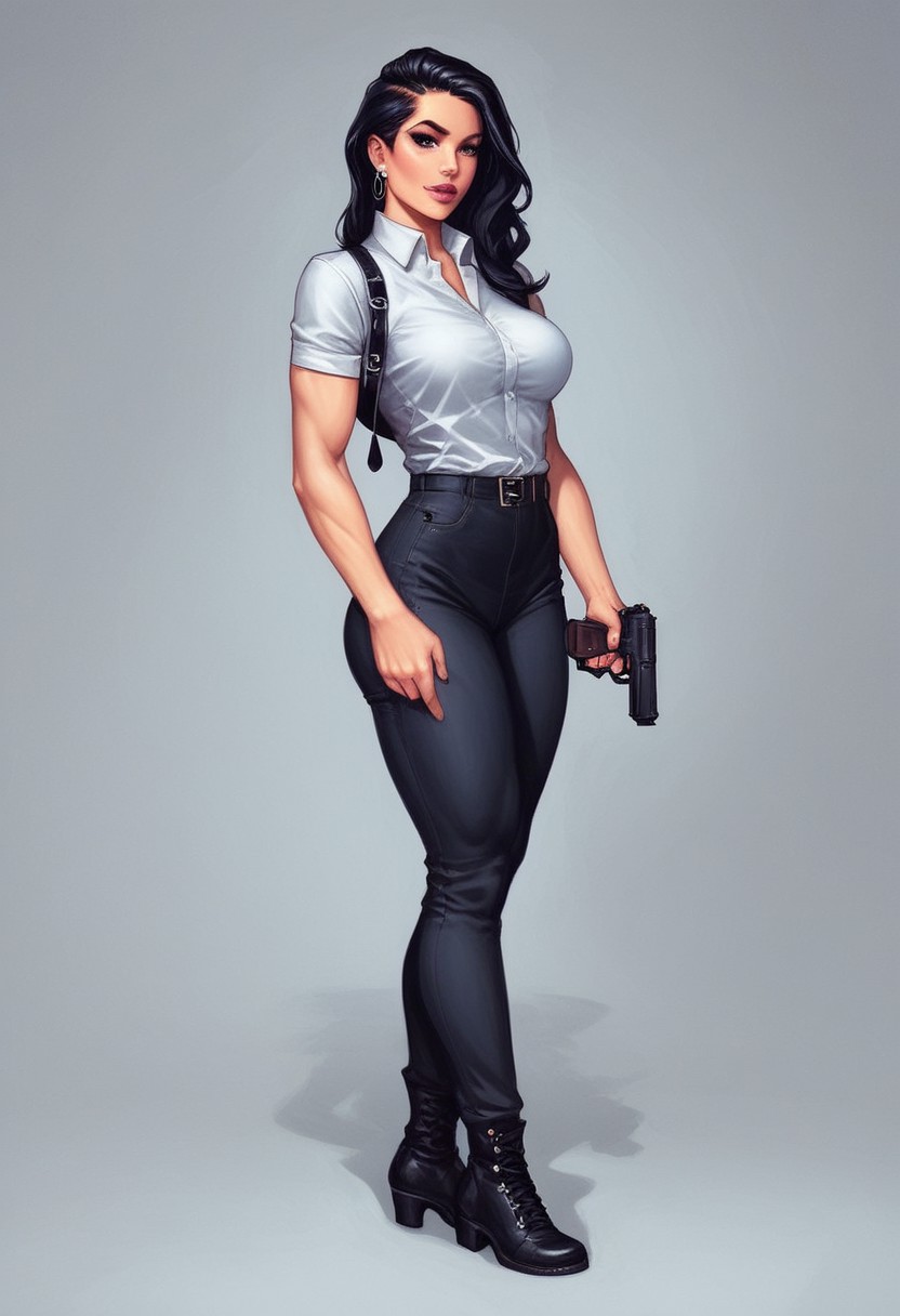highly detailed and hyper realistic photo, by Denisse Ariana Pérez, Olivier Valsecchi , a strong, thin, muscular,  athletic female athlete with the perfect body , limited dark palette, professional, excellent composition, finest details, maximized details, ultimate detail level, masterpiece, best quality, ISO 300, 1/250s, F/2,8, 38 mm, extremely high quality RAW photograph, 4k, sharp focus, high resolution, 8k UHD, DSLR, high quality, film grain, Fujifilm XT3
(((full-clothed))), ((long big pistol in hands, handgun in hands))
BREAK 
strange world background score_9, score_8_up, score_7_up, score_6_up, source_cartoon, rating_explicit, Expressiveh, (((((full body))))), dynamic pose