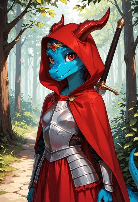 score_9, score_8_up, score_7_up,
source_furry, high quality, perfection, detailed, aesthetic, well-lighted,
detailed background, concept art, realistic, forest, path, shadows,
1girl, solo, upper body,
scalie female, anthro, scalled body, beautiful girl, cute girl, adult, youthful, beautiful face, beautiful eyes, perfect eyes, detailed eyes,
kobold girl, blue scales, blue skin, small breasts, petite girl, red eyes, horns,
(knight armor:1.2), red rims, red fabric, long red frilly skirt, jeweled circlet, coat, tunic, red hooded cloak, fur-trim,
sword behind back, oversized sword,
standing, looking to side
<lora:princess_xl_v2:0.6>, <lora:p_ami_v10_adafactor:0.4>, <lora:incase-ilff-v3-4:0.5>, <lora:CleanDetailed_Eyes:0.25>,âââ