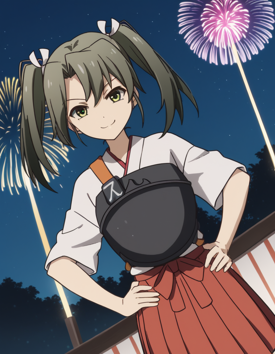 score_9, score_8_up, score_7_up, source_anime, <lora:kacolle-zuikaku-s1-ponyxl-lora-nochekaiser:1>, zuikaku, long hair, ribbon, twintails, green eyes, hair ribbon, zuikaku (kancolle), skirt, japanese clothes, muneate, red skirt, pleated skirt,, festival, fireworks, summer night, food stall, traditional, arms up,, smile, looking at viewer, smug, hands on hips,, solo,, cowboy shot, dutch angle