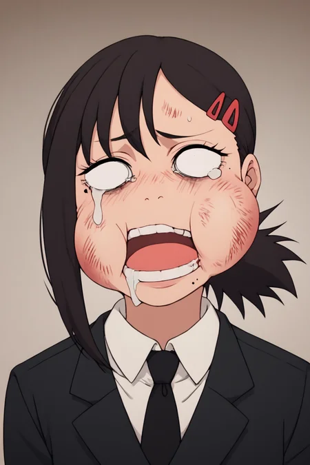 score_9, score_8_up, score_7_up, score_6_up, score_5_up, score_4_up, <lora:kobeni-higashiyama-ponyxl-lora-nochekaiser:0.8> , kobeni higashiyama, black hair, hair ornament, hairclip, mole, mole under eye, ponytail, short hair, black necktie, black pants, business suit, formal, long sleeves, necktie, pants, suit, <lora:beat_up_face:0.8>, 1girl, solo, alone, blank eyes, tears, circular eyes, bruise, swollen cheeks, open mouth, missing tooth, masterpiece, highres