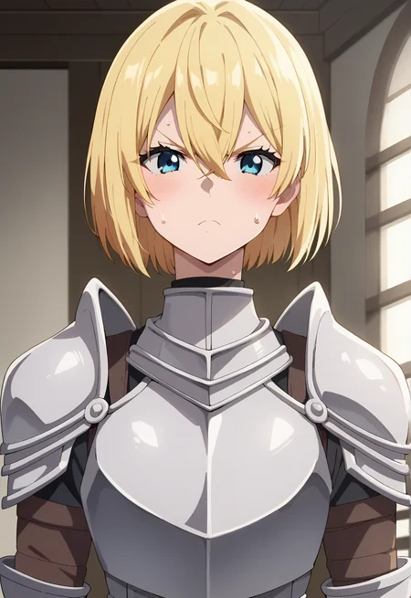 score_9,score_8_up,score_7_up, sm_an_stl, source_anime, anime screencap, anime, animification, 1girl, solo, looking at viewer, blush, short hair, bangs, blue eyes, blonde hair, shirt, hair between eyes, closed mouth, upper body, sweat, indoors, sweatdrop, armor, v-shaped eyebrows, frown, bob cut, shoulder armor, portrait, pauldrons, breastplate
