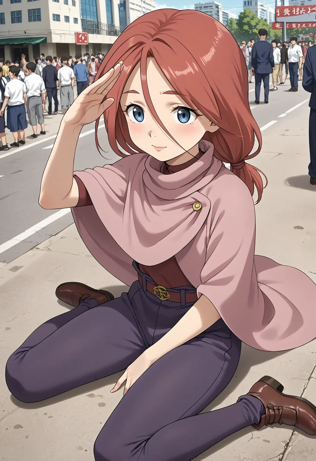 <lora:Hyper-SDXL-8steps-lora:1> <lora:Fixhands_anime_bdsqlsz_V1:1> zPDXL2, score_9, score_8_up, score_7_up, source_anime, intricate details, perfect anatomy BREAK
outdoors, city, tokyo, japan, audience, crowd, sitting, from above, salute, thighs, Pensive, Eyes focused inward, brow furrowed, and lips pursed., 1girl, solo, solo focus,
<lora:GAGE-lu_anon_XL(pony)v10:1> GAGE-lu, red hair, medium hair, low ponytail, grey eyes, GAGE-lu outfit, pink capelet, brown shirt, purple pants, brown shoes,