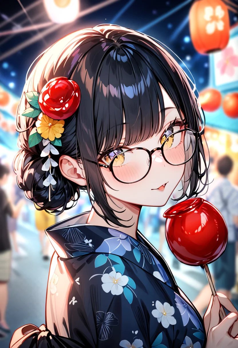 masterpiece, best quality, very aesthetic, absurdres,
ringoame, 1girl, glasses, food, black hair, yukata, floral print, candy apple, hair ornament, looking at viewer, hair flower, holding food, upper body, holding, outdoors, bangs, blurry background, night, summer, paper fan, uchiwa, paper lantern,
<lora:ringoame_SDXL_V1:1>
