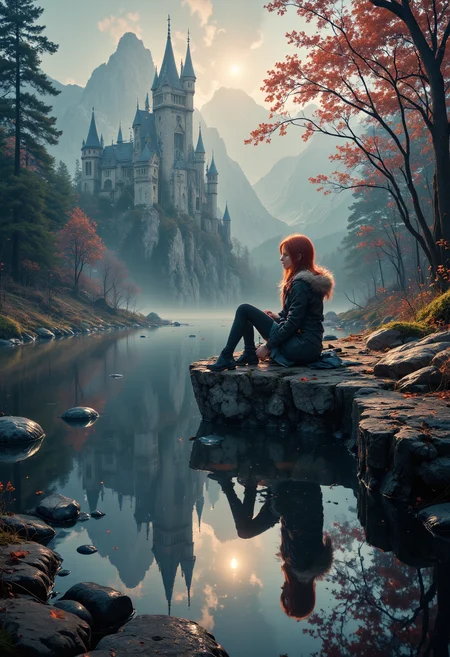 A lone female figure with vibrante auburn hair, draped in furs and dark fabric, sitting on a precipice overlooking a tenebrous, reflective water surface, legs dangling off the edge. Looking out at the mountinous landscape, a lone castle in the distance with a parrilous trail leading up to it. Their form is mirrored below in the water. dreamwave, aidmaGlow <lora:FLUX - Booster for Glow Lightning Reflection Illumination ( aidmaGlow ):0.8> <lora:FLUX - Dreamwave Abstract Style ( dreamwave ):0.6>