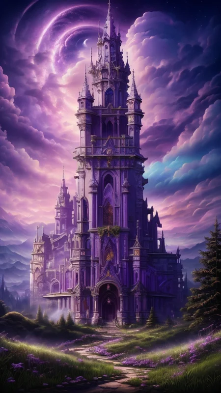 Gothic style,
neonpunk style,
ethereal fantasy concept art of
Masterwork Painting, Magnum Opus,
<lora:Wizard_Tower:0.75> witow, castle, cloud, cloudy sky, grass, no humans, scenery, sky, tower, tree, <lora:Fantasy_Mountains:0.75> fanmou, footprints, forest, grass, nature, no humans, outdoors, sky, tree,
highres, 8k, uhd, High Dynamic Range, tonemapping, crisp details, intricate details, fine details,
. magnificent, celestial, ethereal, painterly, epic, majestic, magical, fantasy art, cover art, dreamy,
. cyberpunk, vaporwave, neon, vibes, vibrant, stunningly beautiful, crisp, detailed, sleek, ultramodern, magenta highlights, dark purple shadows, high contrast, cinematic, ultra detailed, intricate, professional,
. Dark, mysterious, haunting, dramatic, ornate, detailed
