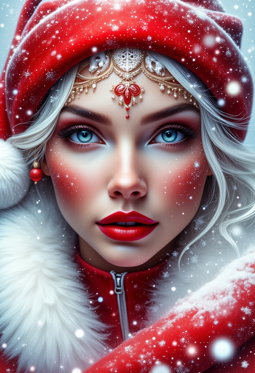 Contrail, mosaic, Fantasy realism, Storybook Illustration, double exposure, delicate detailed inspired by [Artgerm, Brian M  Viveros, Esao Andrews], red | white stripes, sharp focus, triadic colors, gorgeous girl, red lips, snow suit, red santa hat, snowflakes , dynamic pose, luminism, magic light rings, bioluminescence, 32k