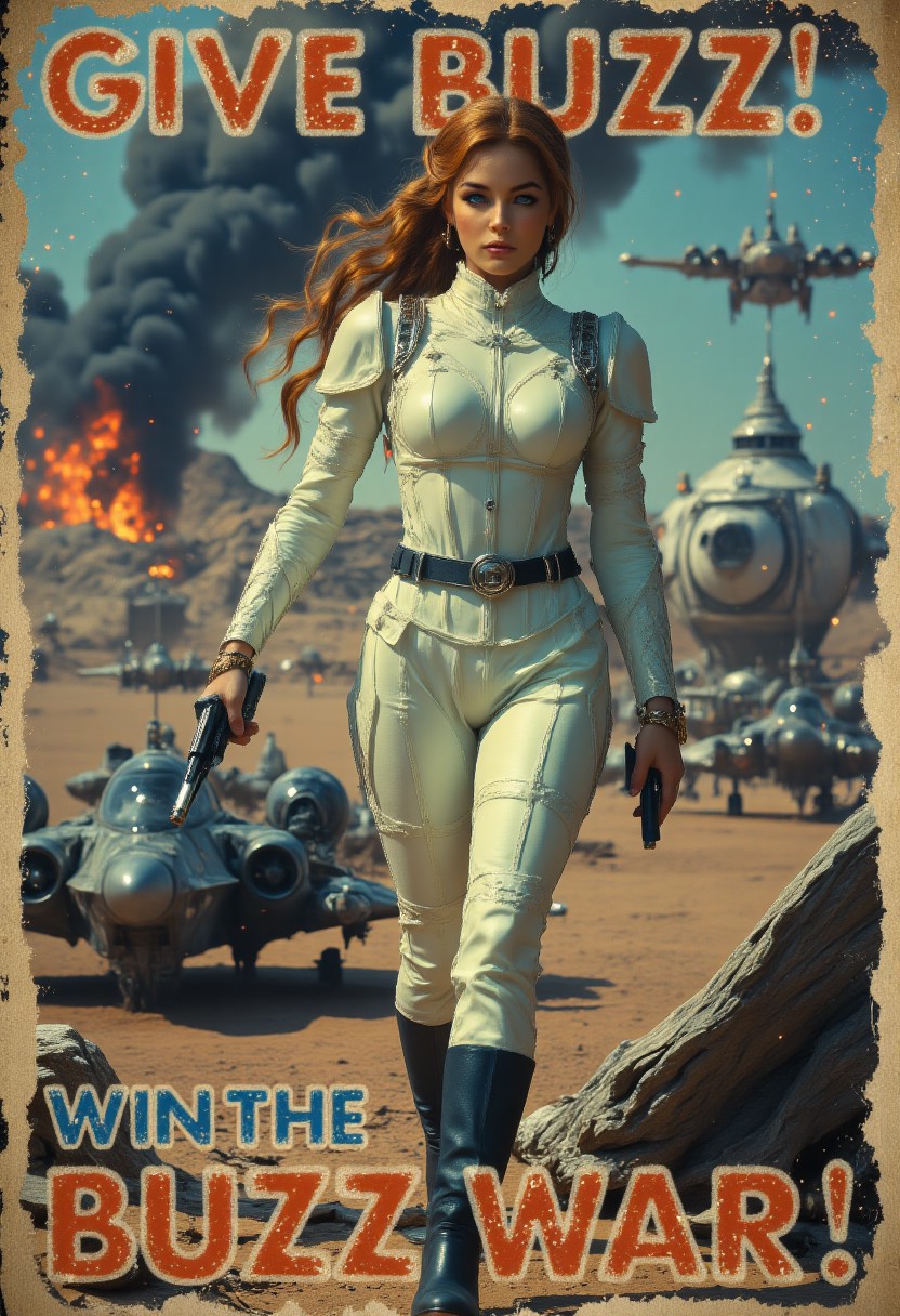 (Star Wars style), (old style propaganda poster), text on top of poster says “GIVE BUZZ!”:1.4, text at bottom of poster says “WIN THE BUZZ WAR!! “:1.8, 
 (long red hair, crystal blue eyes, full pouty lips, small perky nose), Elegance and poise, standing next to her crashed Star fighter which is on fire and billowing dark smoke,  Her long  deep-red hair pulled into a loose ponytail, windblown hair, alert in the middle of a battlefield on a distant desert planet, explosions in the sky, crashed space fighters crashed and burning in the distance, 
 Her shapely form was perfect in the skin tight white  uniform is torn exposing her toned midriff, toned abdomen,  holding laser pistol, The pistol she holds looks like something from an old western.  Leather holster on her right hip, The scar under her left eye was hardly noticeable, but also a warning. She was tough abd beautiful. Her perfect face and blue eyes sparkling with iridium dust let you know she had augmented strength behind her delicate frame. 
Medium round breasts, braless, wide hips, long toned legs, black leather boots,