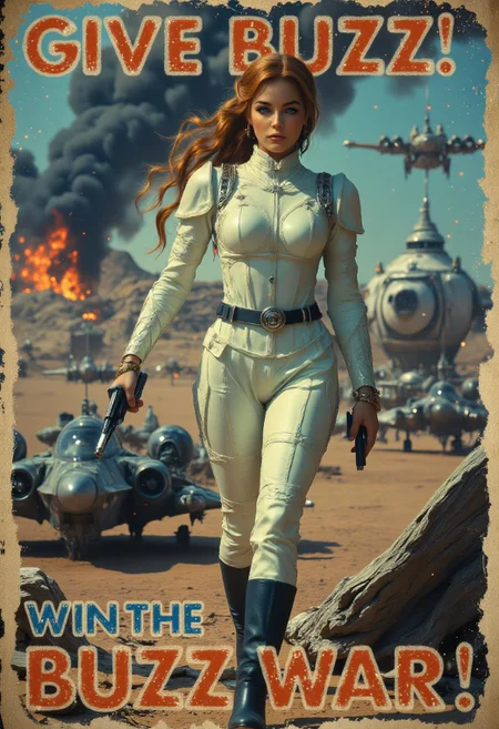 (Star Wars style), (old style propaganda poster), text on top of poster says “GIVE BUZZ!”:1.4, text at bottom of poster says “WIN THE BUZZ WAR!! “:1.8, 
 (long red hair, crystal blue eyes, full pouty lips, small perky nose), Elegance and poise, standing next to her crashed Star fighter which is on fire and billowing dark smoke,  Her long  deep-red hair pulled into a loose ponytail, windblown hair, alert in the middle of a battlefield on a distant desert planet, explosions in the sky, crashed space fighters crashed and burning in the distance, 
 Her shapely form was perfect in the skin tight white  uniform is torn exposing her toned midriff, toned abdomen,  holding laser pistol, The pistol she holds looks like something from an old western.  Leather holster on her right hip, The scar under her left eye was hardly noticeable, but also a warning. She was tough abd beautiful. Her perfect face and blue eyes sparkling with iridium dust let you know she had augmented strength behind her delicate frame. 
Medium round breasts, braless, wide hips, long toned legs, black leather boots,