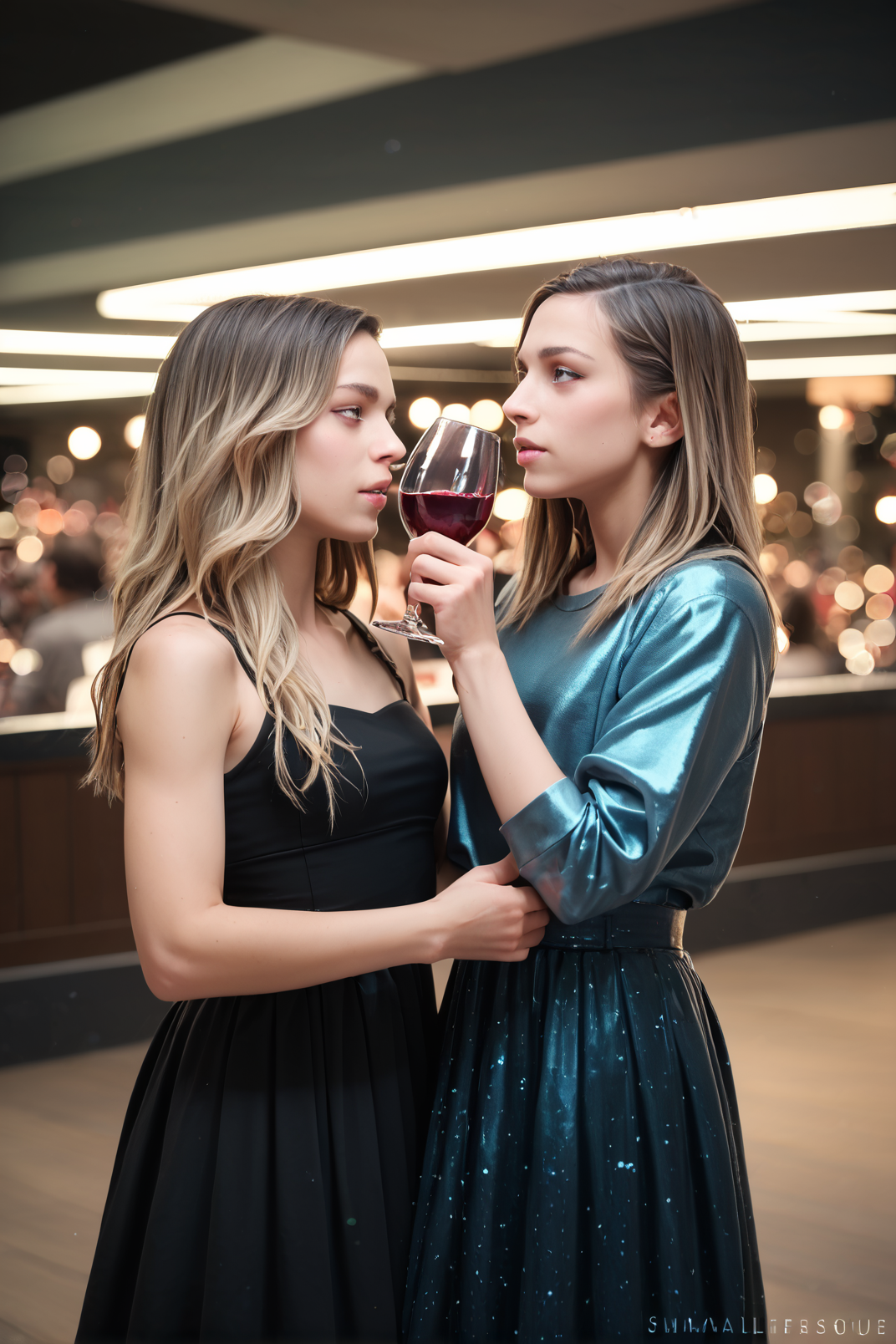 zPDXL, zPDXLpg, zPDXLrl, 2girls, in a luxurious penthouse apartment, drinking wine