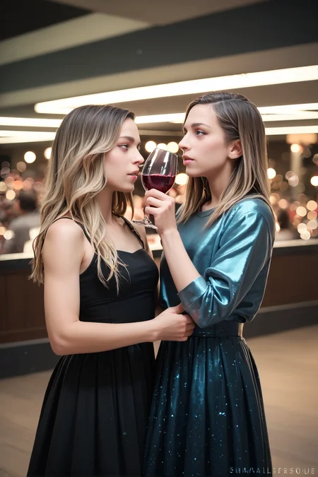 zPDXL, zPDXLpg, zPDXLrl, 2girls, in a luxurious penthouse apartment, drinking wine