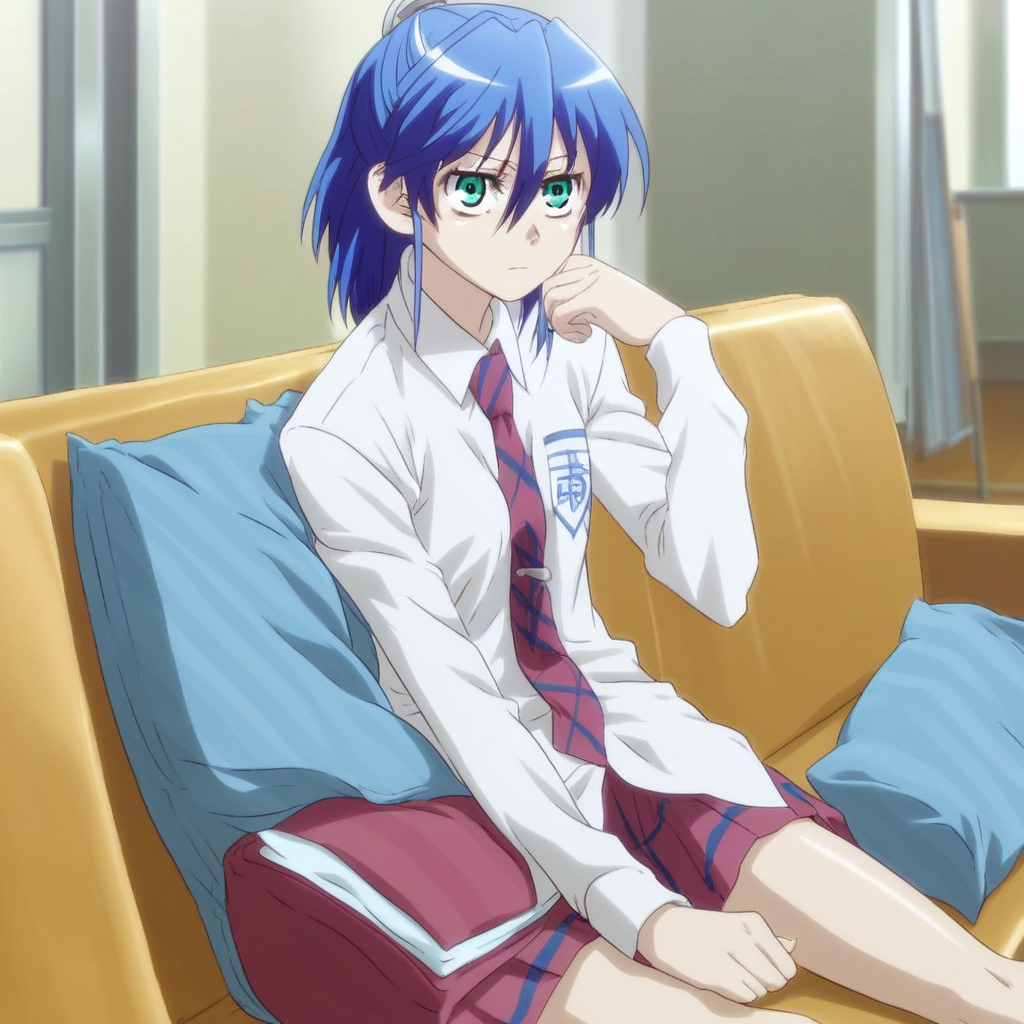 score_9, solo, aizawa_nagisa, blue hair, green eyes, necktie, school uniform, sitting, sofa, indoors