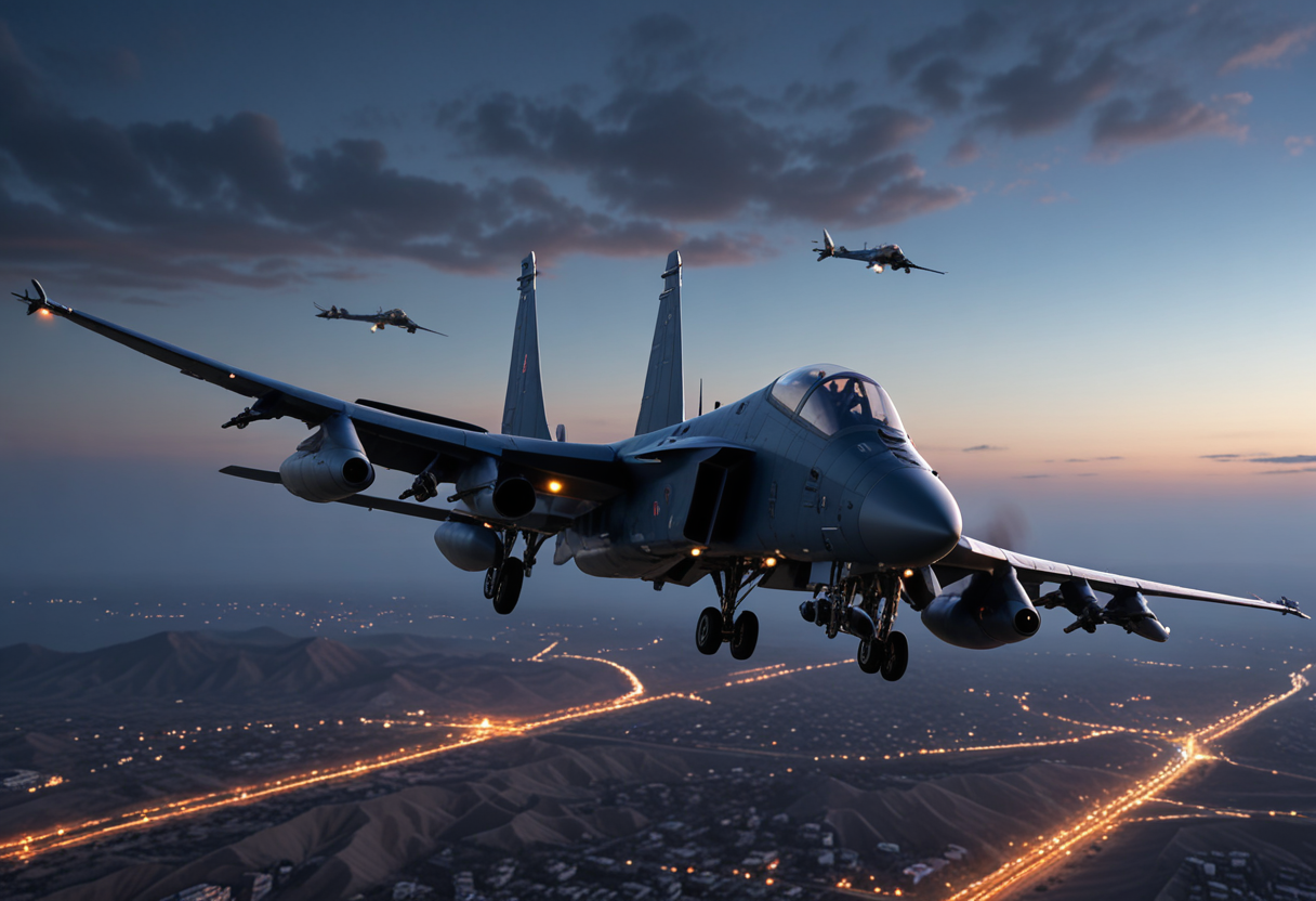 (medium full shot) of (versatile compact navy-blue military plane) with advanced-polymer body, vectored thrust, reinforced cockpit, external weaponry, flying over  providing air support to special forces operating in enemy territory, the military plane ready to engage, while patrolling, at dusk, Masterpiece,best quality, photo, realistic, very aesthetic,