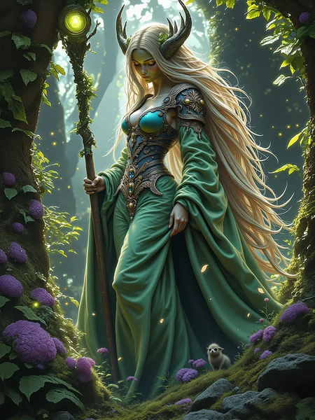 masterwork oil painting inspired by tim hildebrandt and alphonse mucha and evelyn de morgan, blending fantasy with art nouveau and symbolism, with a dreamlike and enigmatic atmosphere, portrait of a hauntingly beautiful dryad in the heart of an enchanted forest, ethereal woods stretch endlessly, with tangled trees and faintly glowing flora, the painting conveys a sense of mystery and quiet power, the dryad stands gracefully, her features are striking and otherworldly, her skin has subtle bark-like textures with delicate veins of glowing green and purple, she wears an ethereal gown woven from moss, leaves, and petals, her arms adorned with intricate vines and delicate floral motifs, the forest floor is rich with moss, fallen leaves, and faintly luminescent flowers, while in the background, the hazy woods fade into a soft blur, with shafts of light filtering through the mist, creating a sense of depth and otherworldly allure, the dryad exudes an aura of mystical elegance, as both guardian and embodiment of the forest, she seems to emerge from the trees themselves, blending seamlessly into her surroundings, her gaze is serene yet captivating, her luminous eyes reflecting the wisdom and mystery of nature, her hair cascades like flowing vines, interwoven with glowing blossoms, her pose is poised yet organic, her hands lightly cradling an intricately shaped branch-like staff with a glowing orb of light, her entire form glows faintly, as though she is imbued with the forest's life force, soft, diffused lighting filters through the mist and branches, casting gentle highlights on the dryad's figure and accentuating the intricate details of her natural attire, the forest glows faintly with muted greens, blues, and silvers, with glowing accents emanating from the dryad, delicate particles of light float in the air, adding a magical, dreamlike quality, painted with exquisite attention to detail, inspired by the flowing forms of art nouveau and the layered, symbolic compositions of pre-raphaelite works, the painting employs a harmonious color palette and cinematic composition to evoke a sense of mystery and transcendence, intricate details, perfect female hands, traditional media, oil on canvas, intricate details, magical atmosphere, arsmjstyle, dnddarkestfantasy, hknature, hkmagic, <lora:protectors_of_nature-flux-by_hailoknight:0.56> <lora:style-wizards_and_witches-flux-by_hailoknight:0.72> <lora:epic_gorgeous_details-character-flux-by_flyway:0.48> <lora:style-dnd_dark_fantasy-flux-by_arsmachina:0.52>