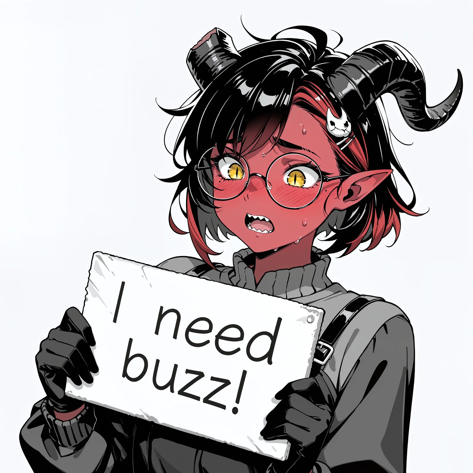 score_9, score_8_up, score_7_up, score_6_up, anime, beautiful, stunning, masterpiece, best quality, amazing quality,
need_buzz, holding sign,
karlach, tiefling, multicolored hair, two-tone hair, black hair, red hair, red skin, pointy ears, slit pupils, demon horns, curled horns, broken horn, yellow eyes
1girl, solo, glasses, monochrome, sharp teeth, short hair, holding sign, sign, round eyewear, simple background, long sleeves, sweat, greyscale, upper body, open mouth, mole under eye, sweatdrop, mole, blush, black gloves, spot color
