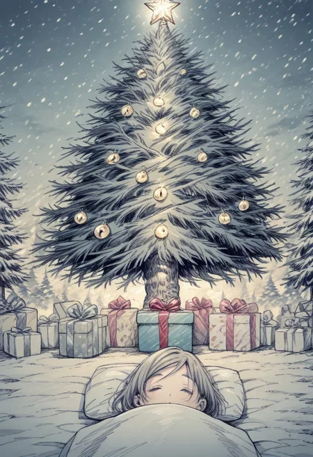 bill_watterson_style, aoki_ume_style, linear_hatching, spot_color, watercolor_pencil_medium, perfect perspective, animal christmas,
wolf close-up, sleeping, outdoors, christmas tree, christmas present, 
masterpiece, absurdres, Kimidake