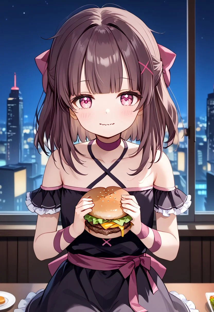 1girl, solo, solo focus, highres, absurdres, Shondo1st, bangs, pink eyes, hair bow, brown hair, medium hair, petite, sidelocks, flat chest, black dress, criss-cross halter, frilled dress, waist bow, pink bow, single wrist cuff, arm ribbon, pink ribbon, pink choker, collarbone, bare shoulders, 
looking at viewer, holding food, wavy mouth, happy, burger, ^_^, sitting, 
cafe, window, cityscape, neon lights, night, night sky, dark, backlighting,